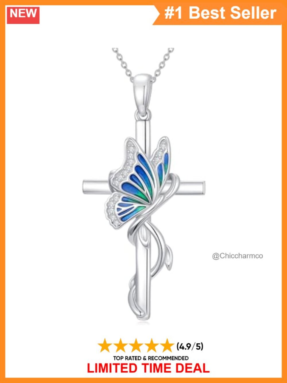 925 Sterling Silver Lab Grown Diamond Cross Butterfly Pendant Necklace